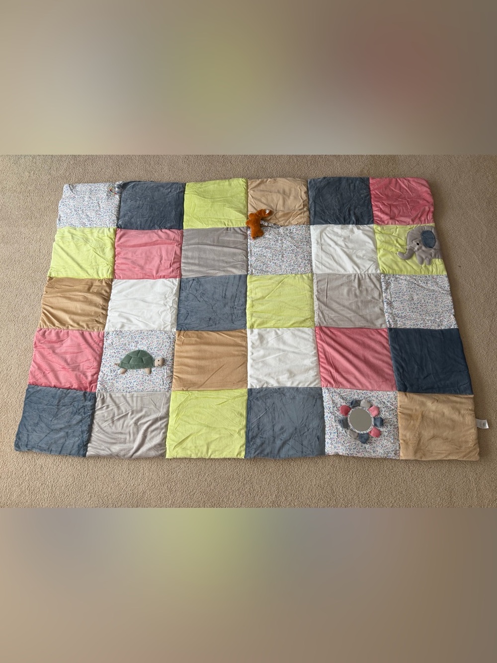 Plush Baby Quilted Activity Play Mat in Pink, Green, Gray & Tan 56” x 78”